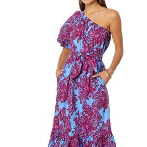 NWT $258 Lilly Pulitzer Zelalynn One-Shoulder Cotton Maxi Dress-Sz 12-Abaco Blue